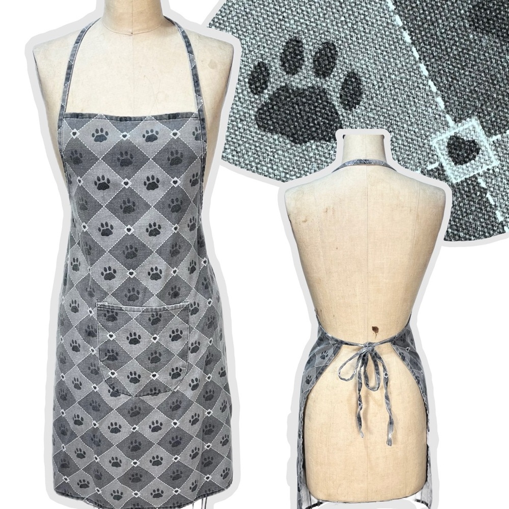 Dog paw print kitchen art studio apron full length tie back pocket pets hearts